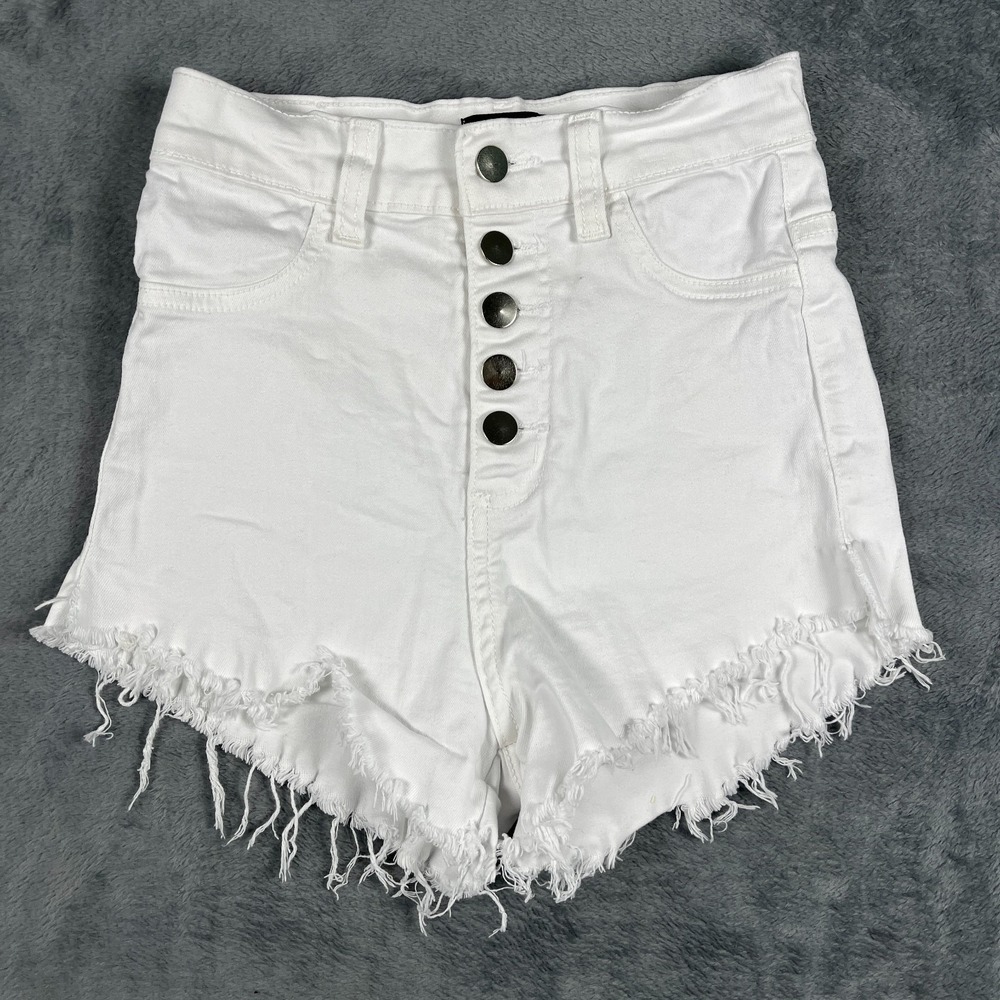 Hot Miami Styles Cutoff Shorts Womens S White Denim Stretch High Rise Frayed Hem